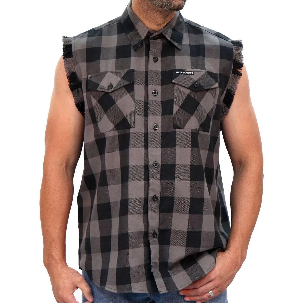 Hot Leathers FLM5203 Men's Sleeveless Fringe Grey and Black Flannel Shirt