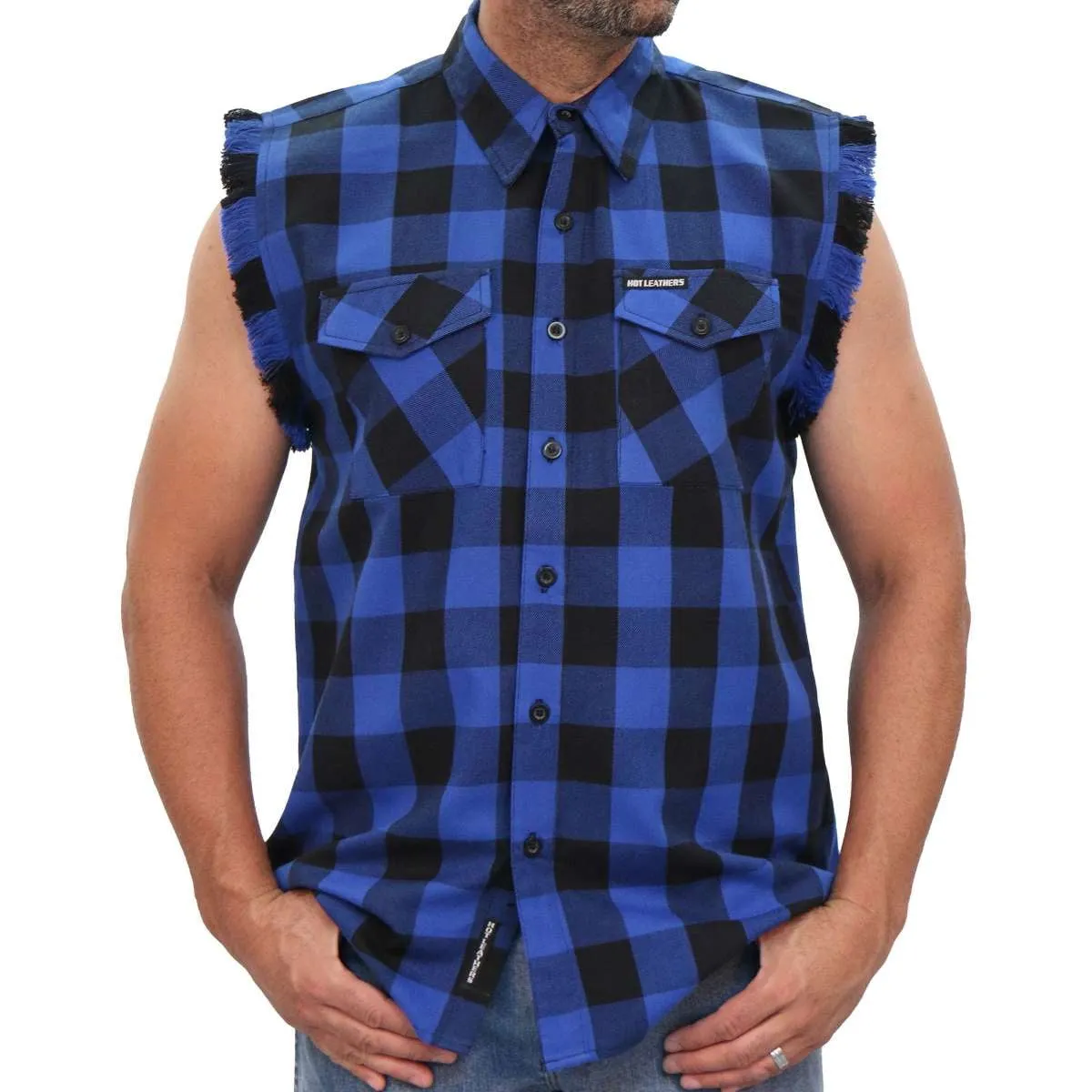 Hot Leathers FLM5208 Men's Sleeveless Fringe Blue and Black Flannel Shirt