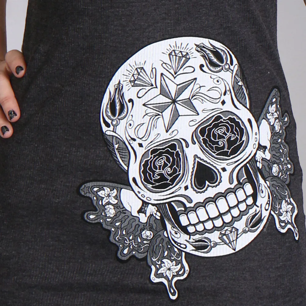 Hot Leathers GLR2388 'Butterfly Sugar Skull' Full Length Boy Beater Heather Charcoal Tank Top Shirt