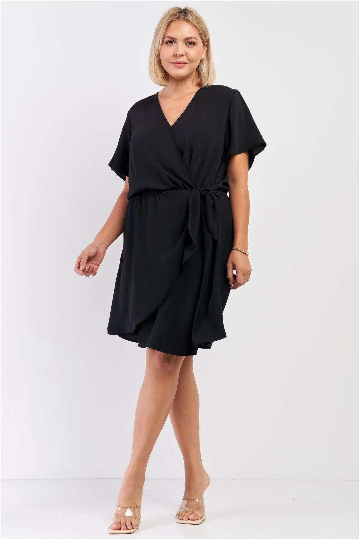 Junior Plus Black Wrap Front Self-Tie Waist Mini Dress /2-2-1