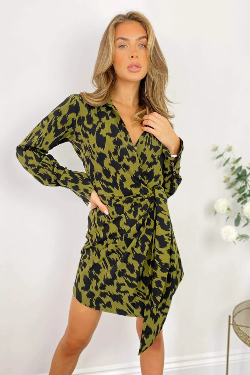 Khaki Tie Wrap Long Sleeve Mini Dress