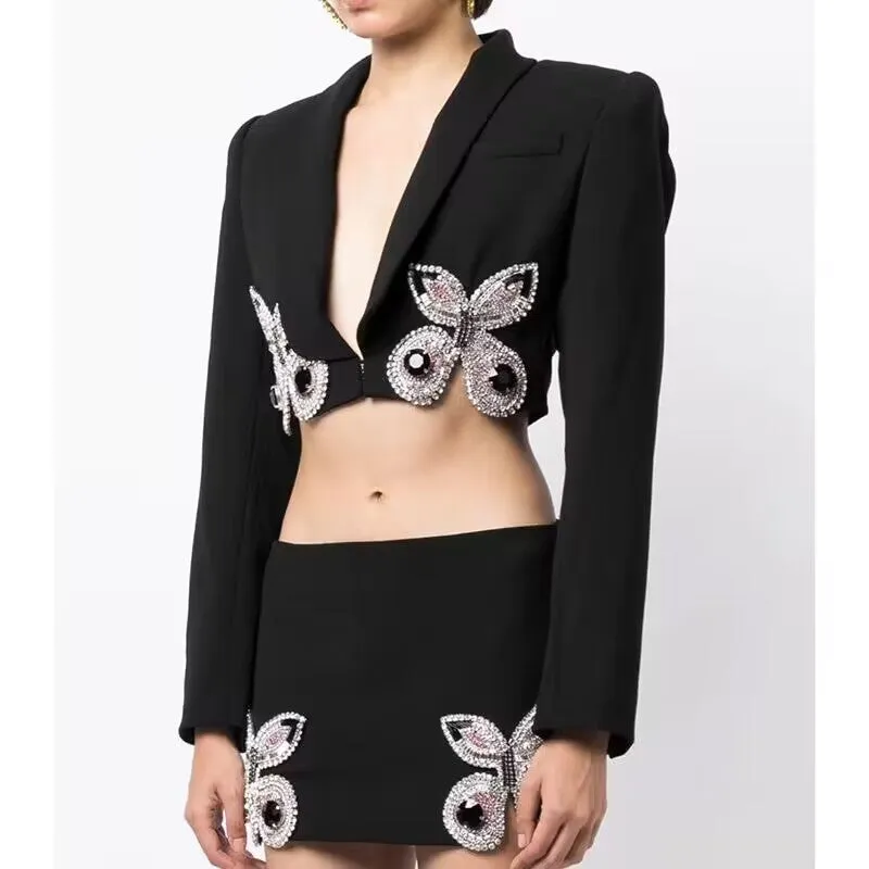 KittenAlarm - Amy Butterfly-crystal Cropped Blazer Skirt Set