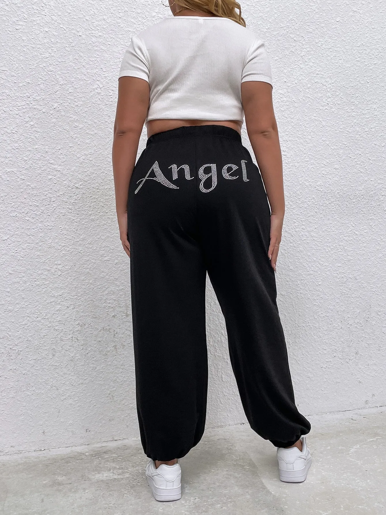 Letter Rhinestone High Waist Cropped Plus Size Sweatpants