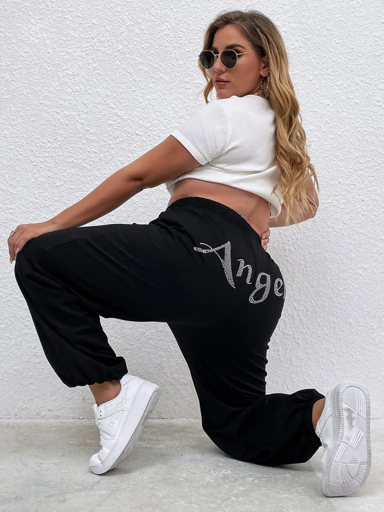 Letter Rhinestone High Waist Cropped Plus Size Sweatpants