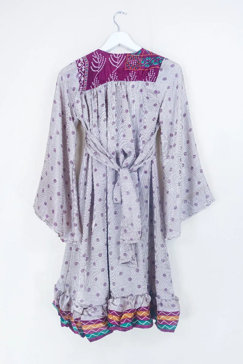 Lunar Mini Dress - Vintage Sari - Plum & Silver Mink Mandala - Size XXS Petite