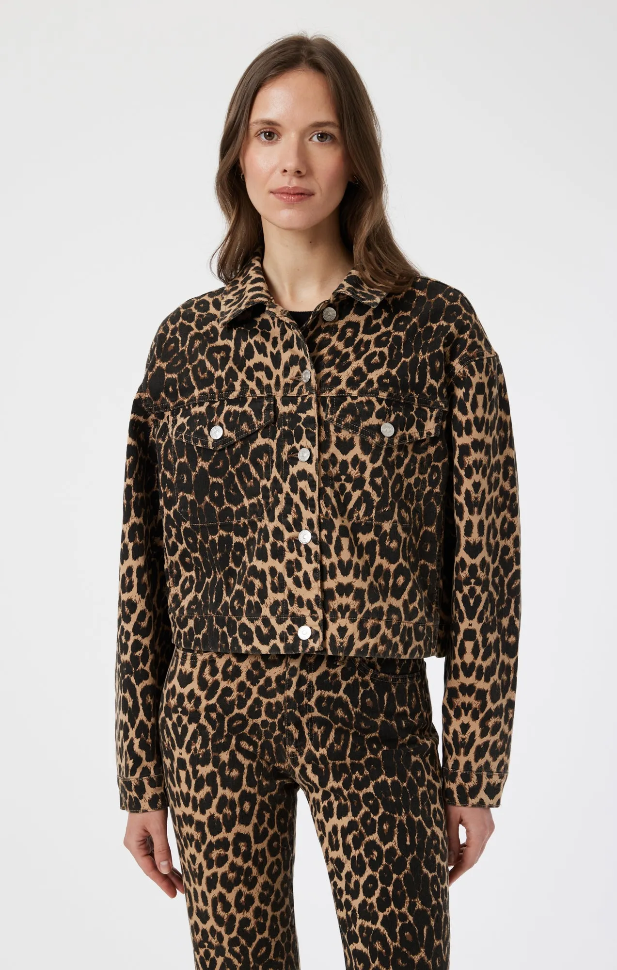 MAREN CROP JACKET IN LEOPARD DENIM