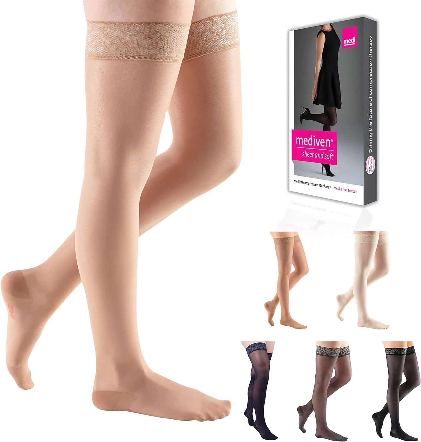 Medi Comfort 30-40mmHg Closed Toe Thigh Length w/Lace Silicone Top Band