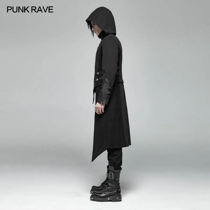 Men Punk Split Hooded Jacket Asymmetrical Long Trench Coat