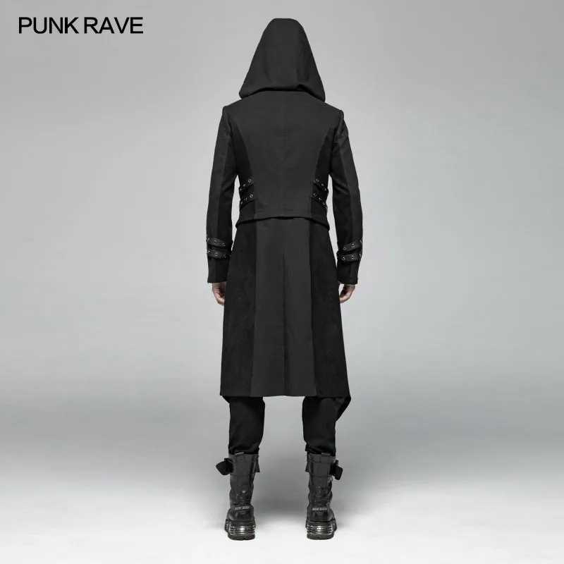 Men Punk Split Hooded Jacket Asymmetrical Long Trench Coat