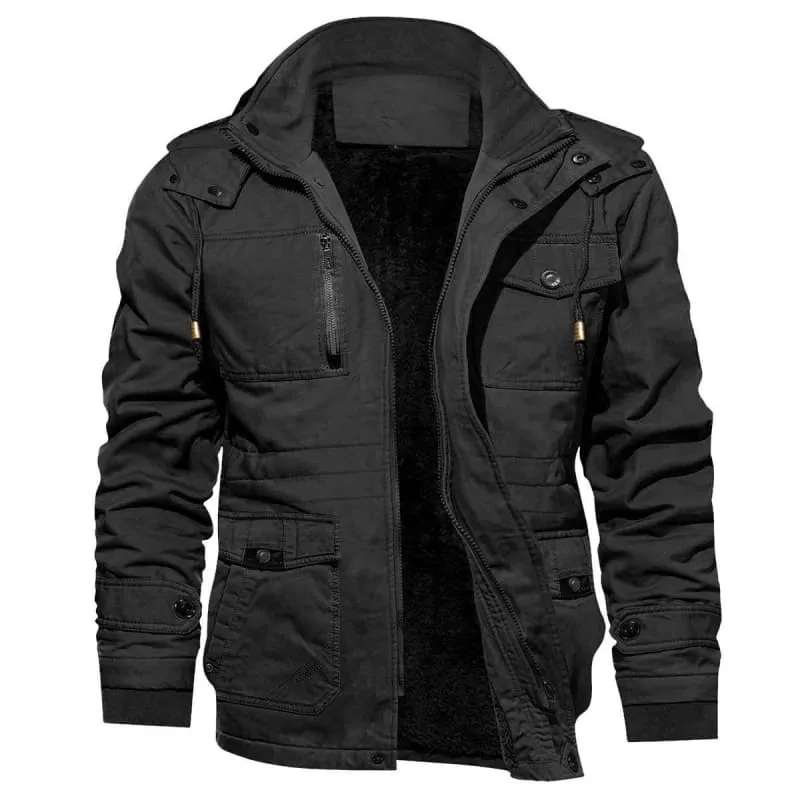 Mens Fleece Lined Hooded Multi-pocket Vintage Coat