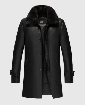 Men's Premium Black Leather Coat With Shearling Collar