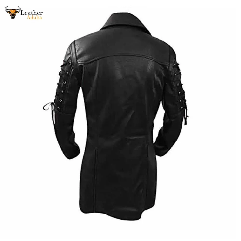 Mens REAL Black Leather Goth Matrix Trench Coat Steampunk Gothic T18 BLACK