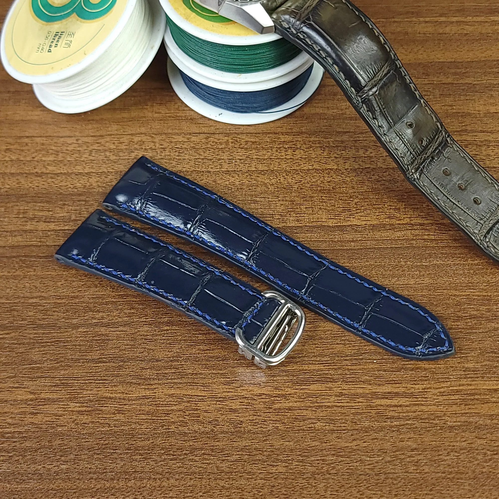 Navy Blue Genuine Alligator Leather Cartier Tank Watch Strap