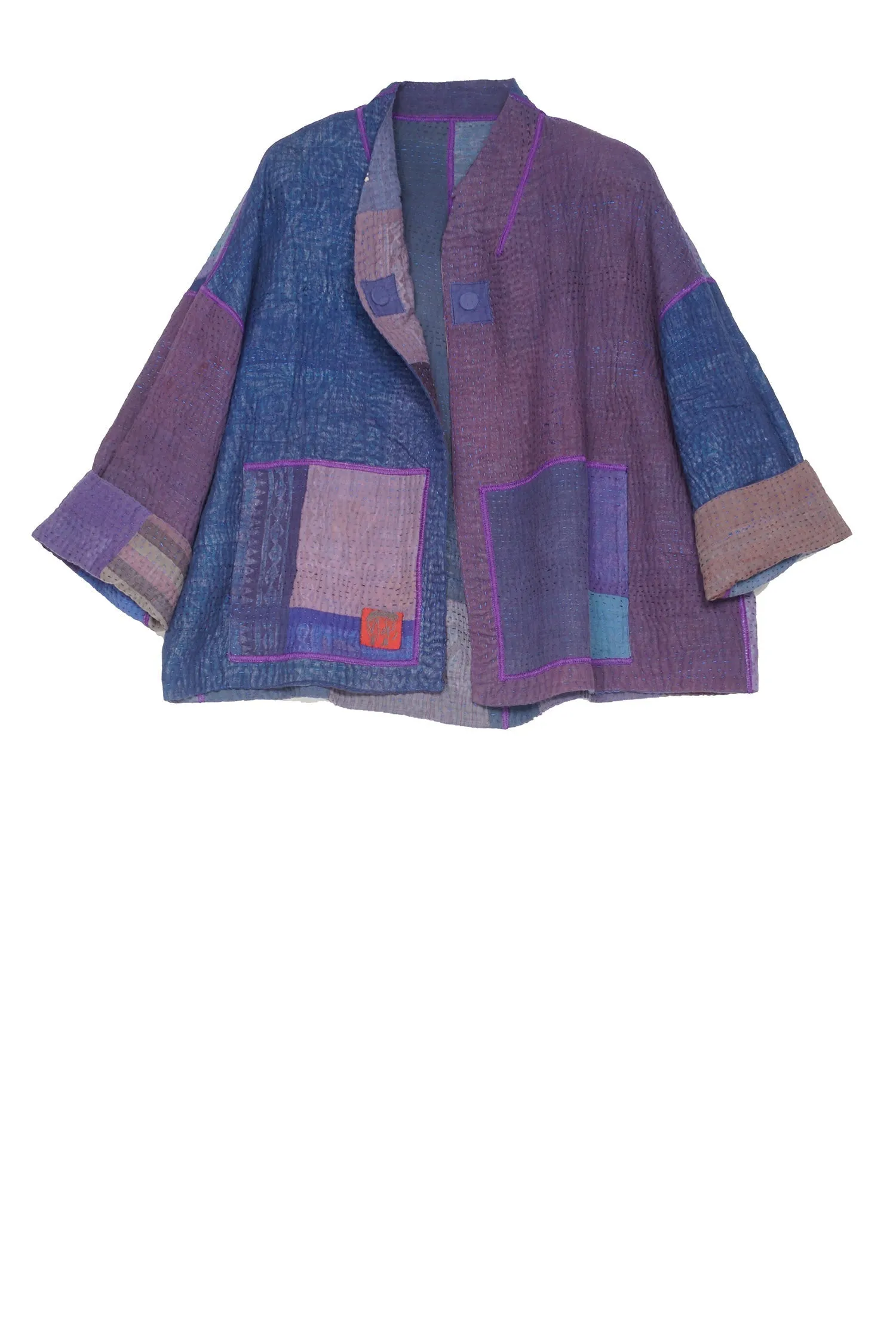 OMBRE PATCHED KANTHA STAND COLLAR CROPPED JKT - op4034-blu -