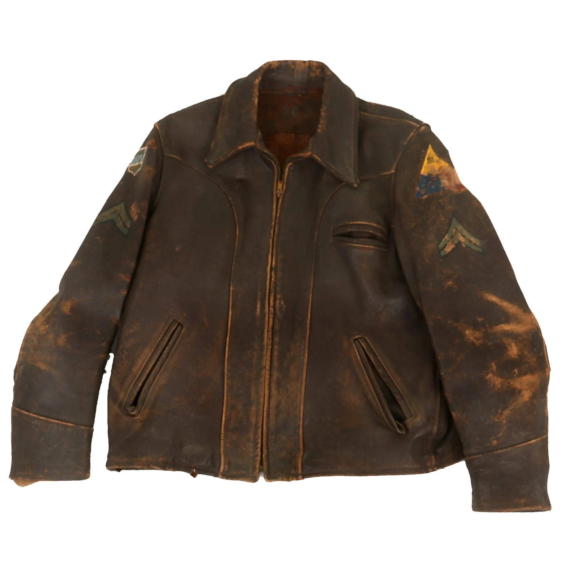 Original U.S. WWII Armored 191st Tank Battalion Army Painted Leather Jacket - 80th Infantry Division Insignia & Corporal Chevrons