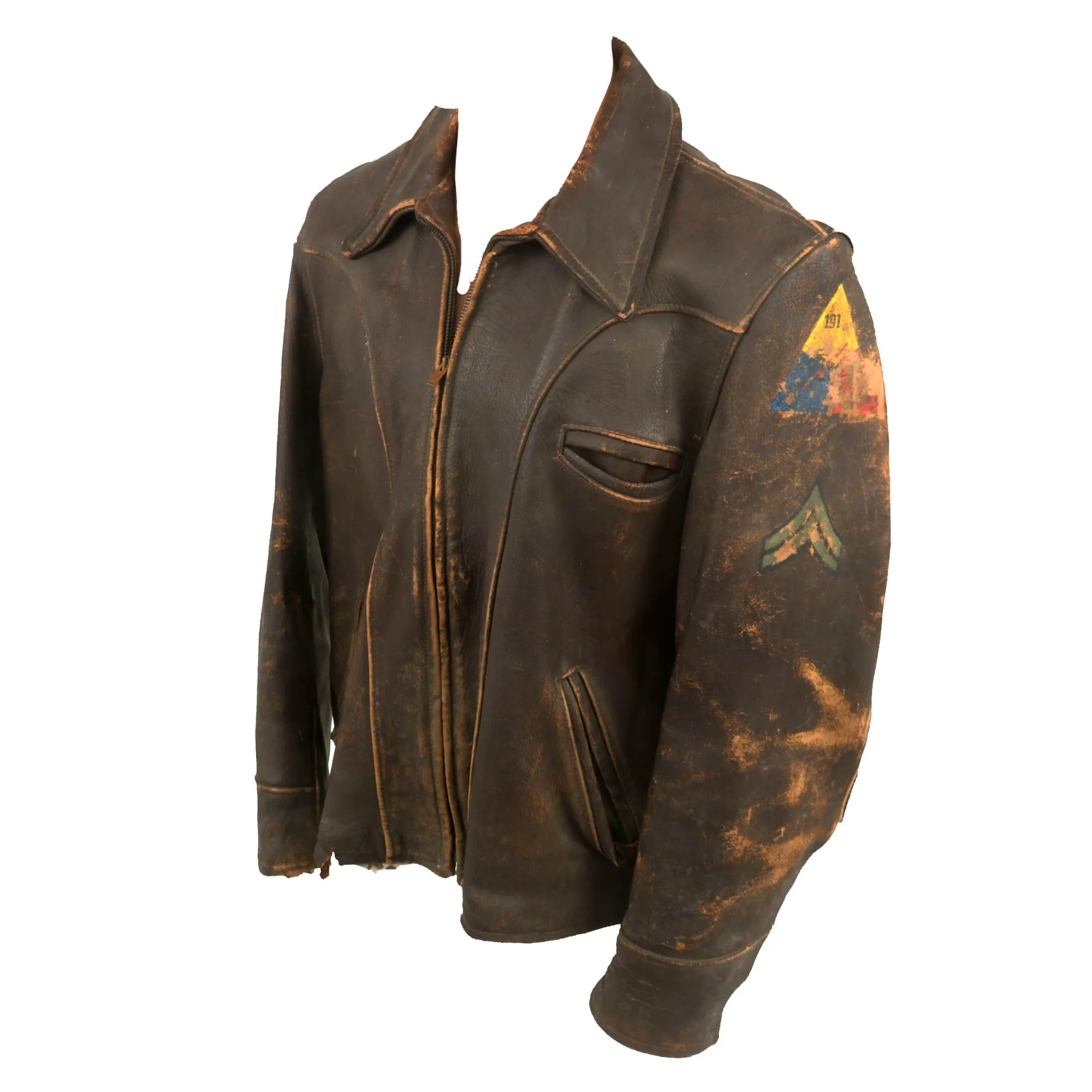 Original U.S. WWII Armored 191st Tank Battalion Army Painted Leather Jacket - 80th Infantry Division Insignia & Corporal Chevrons