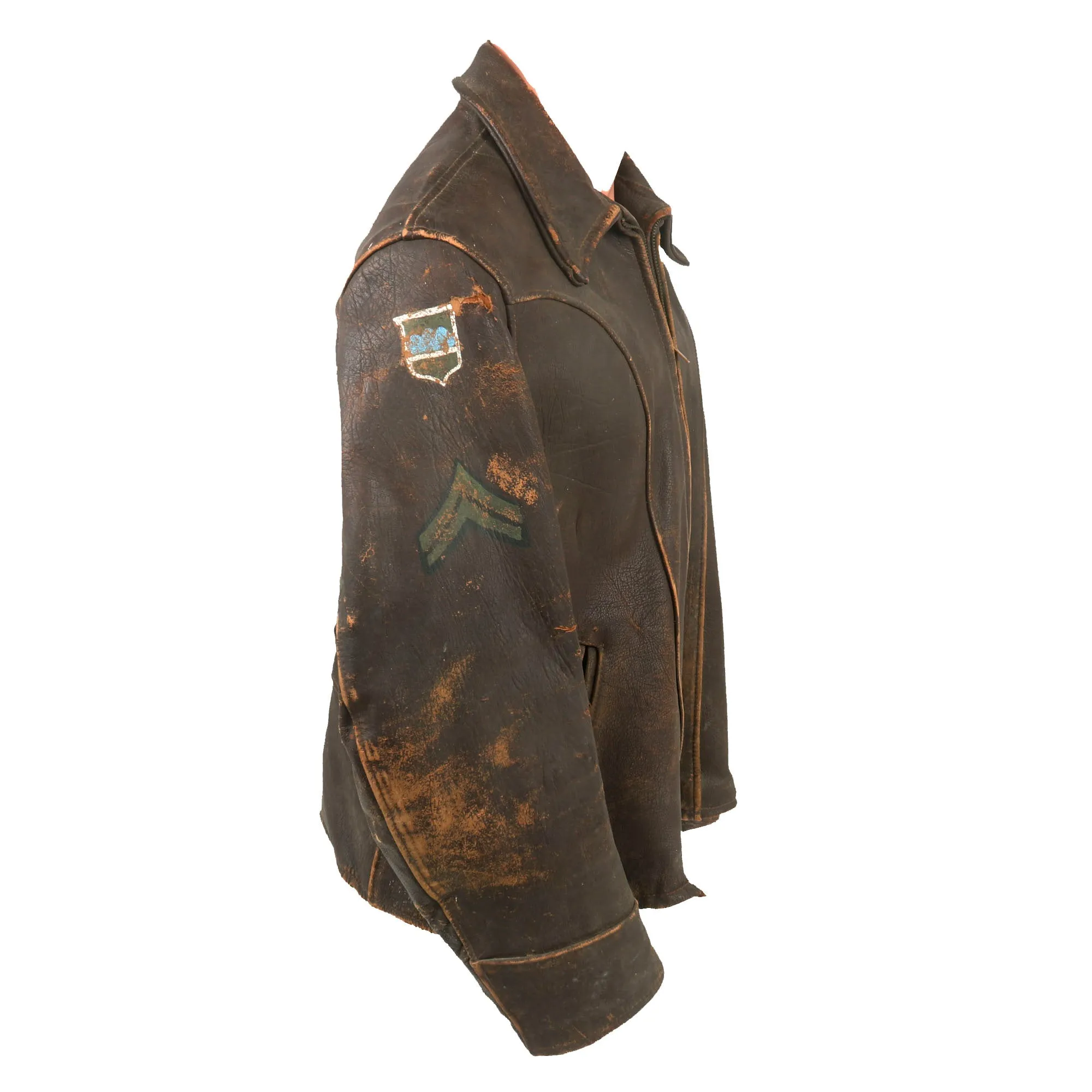 Original U.S. WWII Armored 191st Tank Battalion Army Painted Leather Jacket - 80th Infantry Division Insignia & Corporal Chevrons