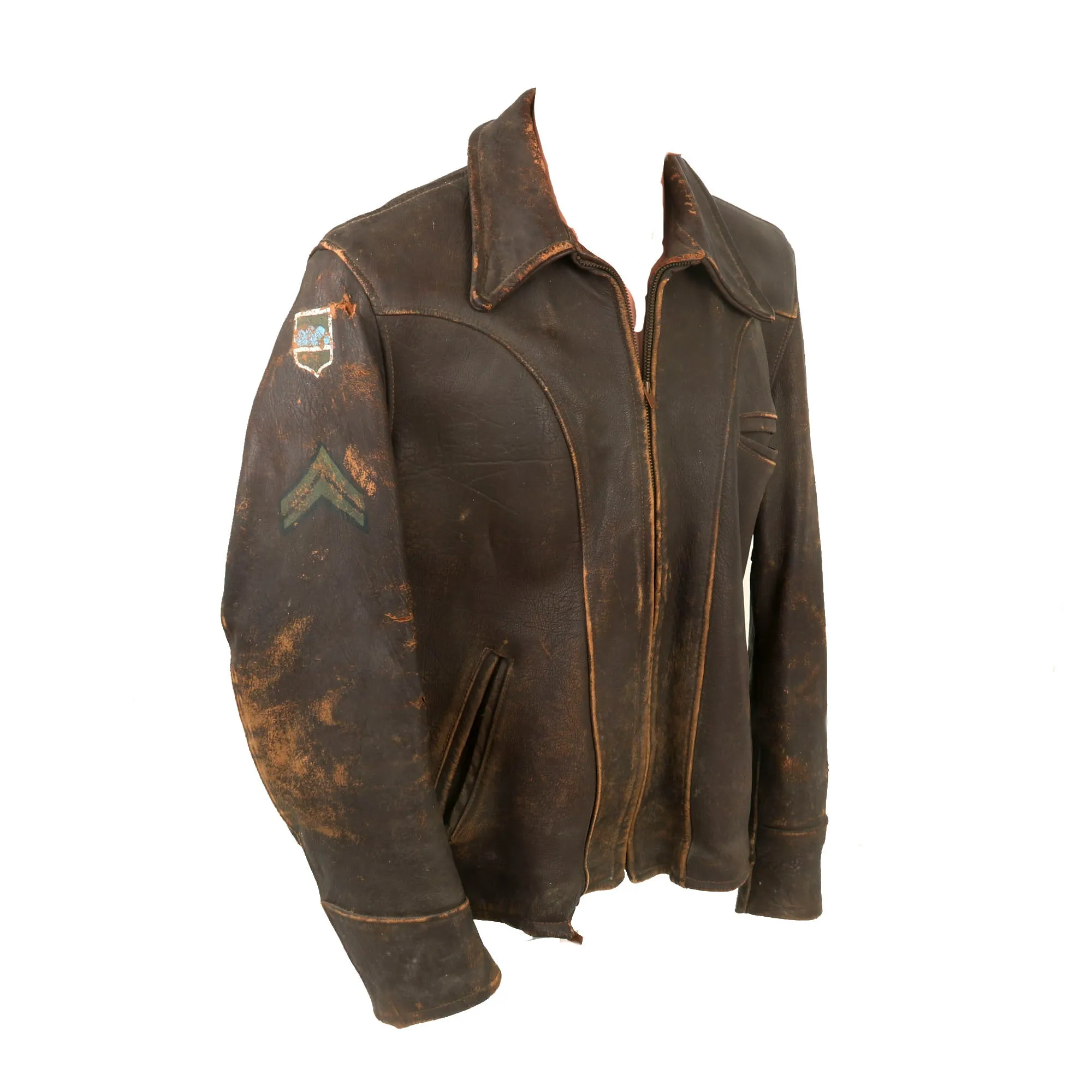 Original U.S. WWII Armored 191st Tank Battalion Army Painted Leather Jacket - 80th Infantry Division Insignia & Corporal Chevrons