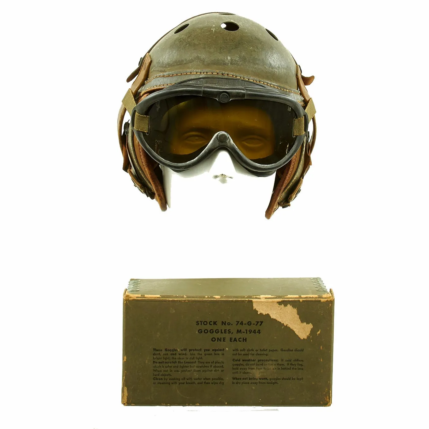 Original U.S. WWII M38 Tanker Helmet by A.G. Spalding & Bros. with M-1944 Polaroid Goggles - Size 7 1/8