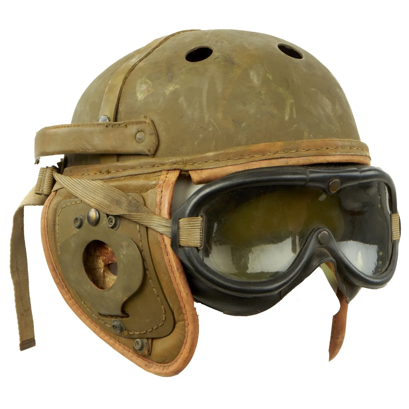 Original U.S. WWII M38 Tanker Helmet by Rawlings with M-1944 Polaroid Goggles - Size 7 3/8