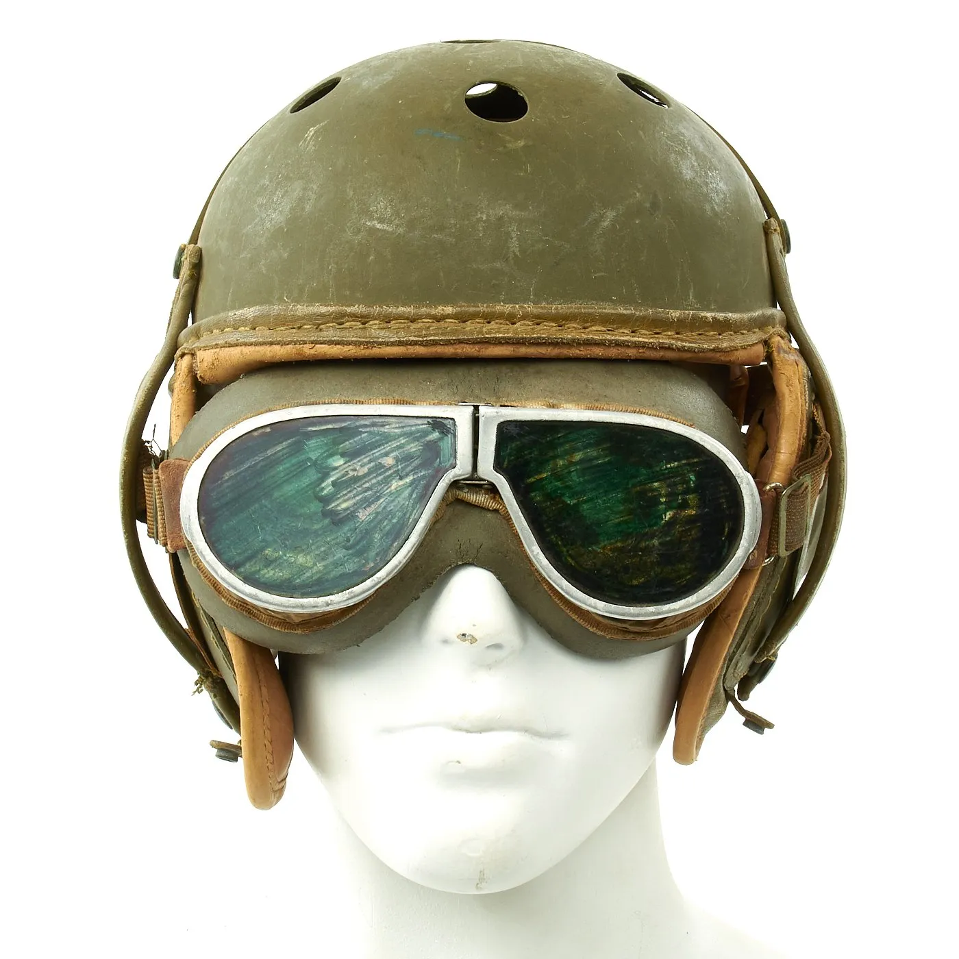 Original U.S. WWII M38 Tanker Helmet by Rawlings with Period Goggles - Size 7 3/8