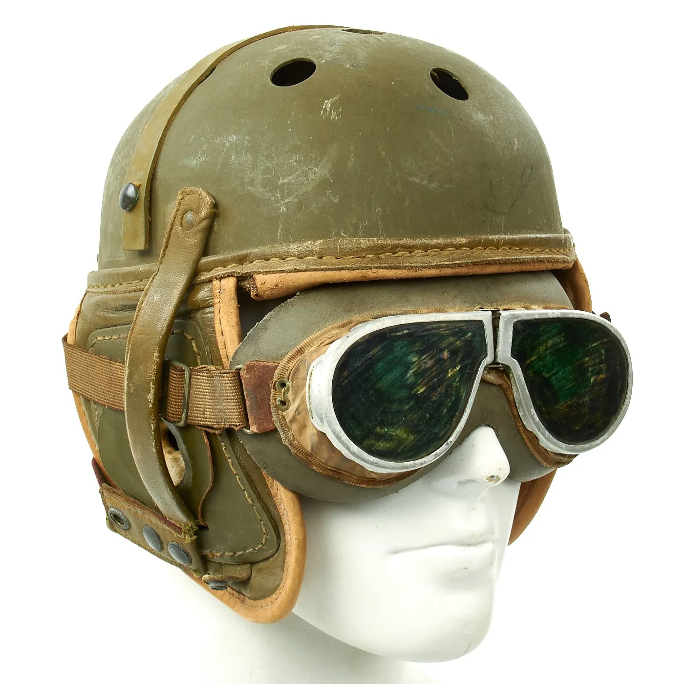 Original U.S. WWII M38 Tanker Helmet by Rawlings with Period Goggles - Size 7 3/8