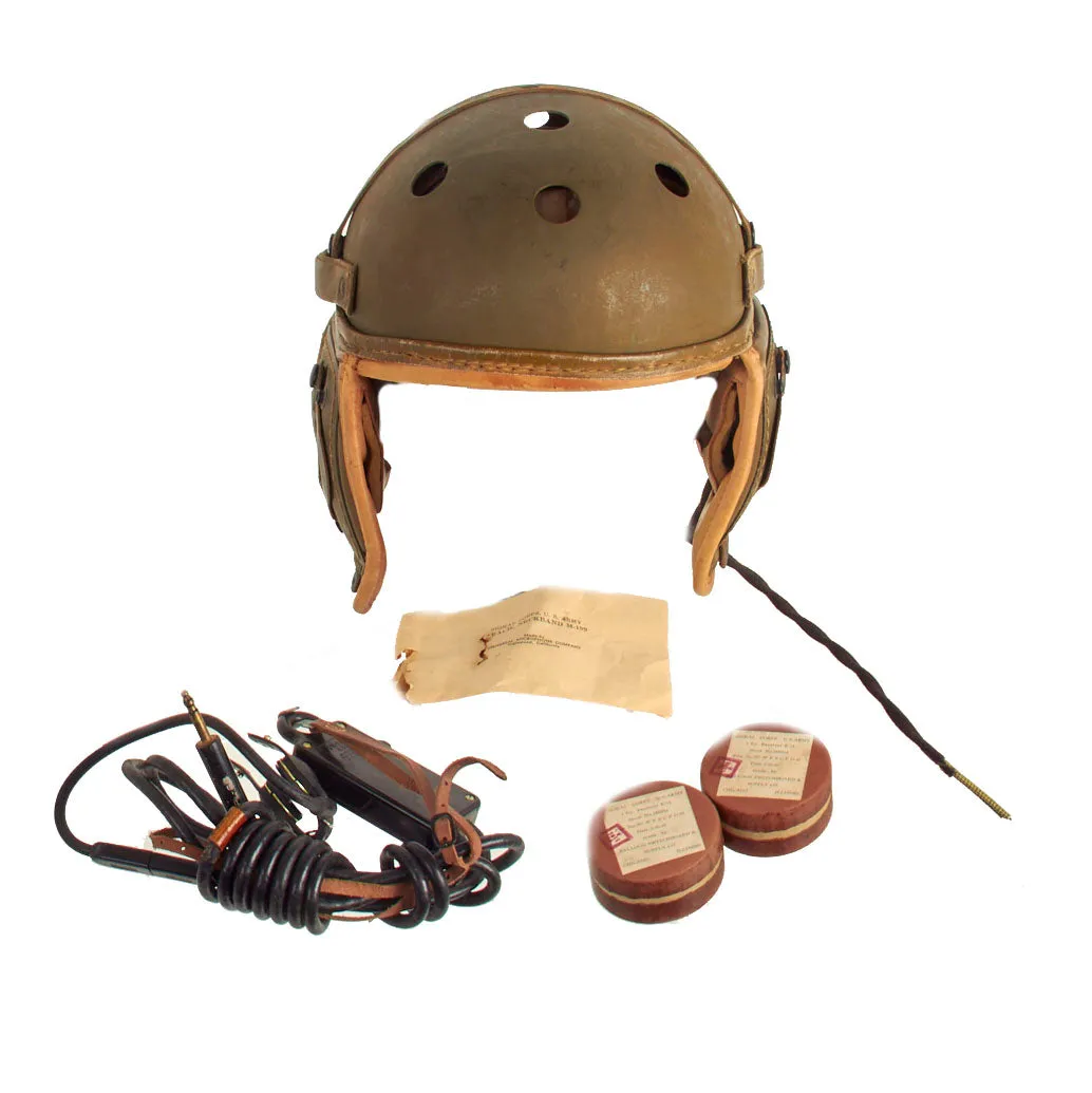 Original U.S. WWII M38 Tanker Helmet by Rawlings with Type R-14 Earphones and Throat Mic