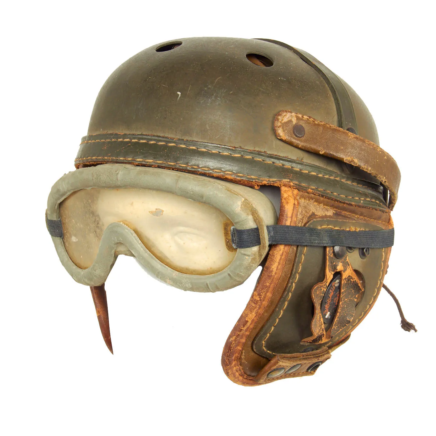 Original U.S. WWII M38 Tanker Helmet by Sears with Earphones and Polaroid Model 1016 Goggles Box Set