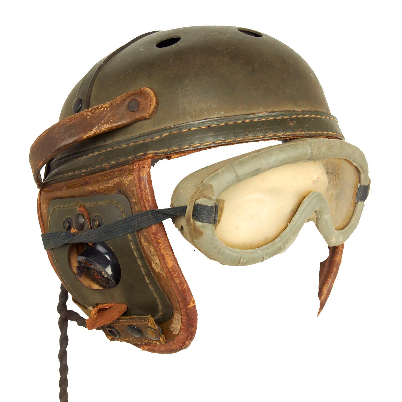 Original U.S. WWII M38 Tanker Helmet by Sears with Earphones and Polaroid Model 1016 Goggles Box Set