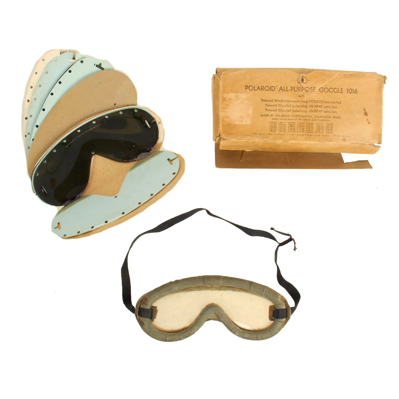 Original U.S. WWII M38 Tanker Helmet by Sears with Earphones and Polaroid Model 1016 Goggles Box Set