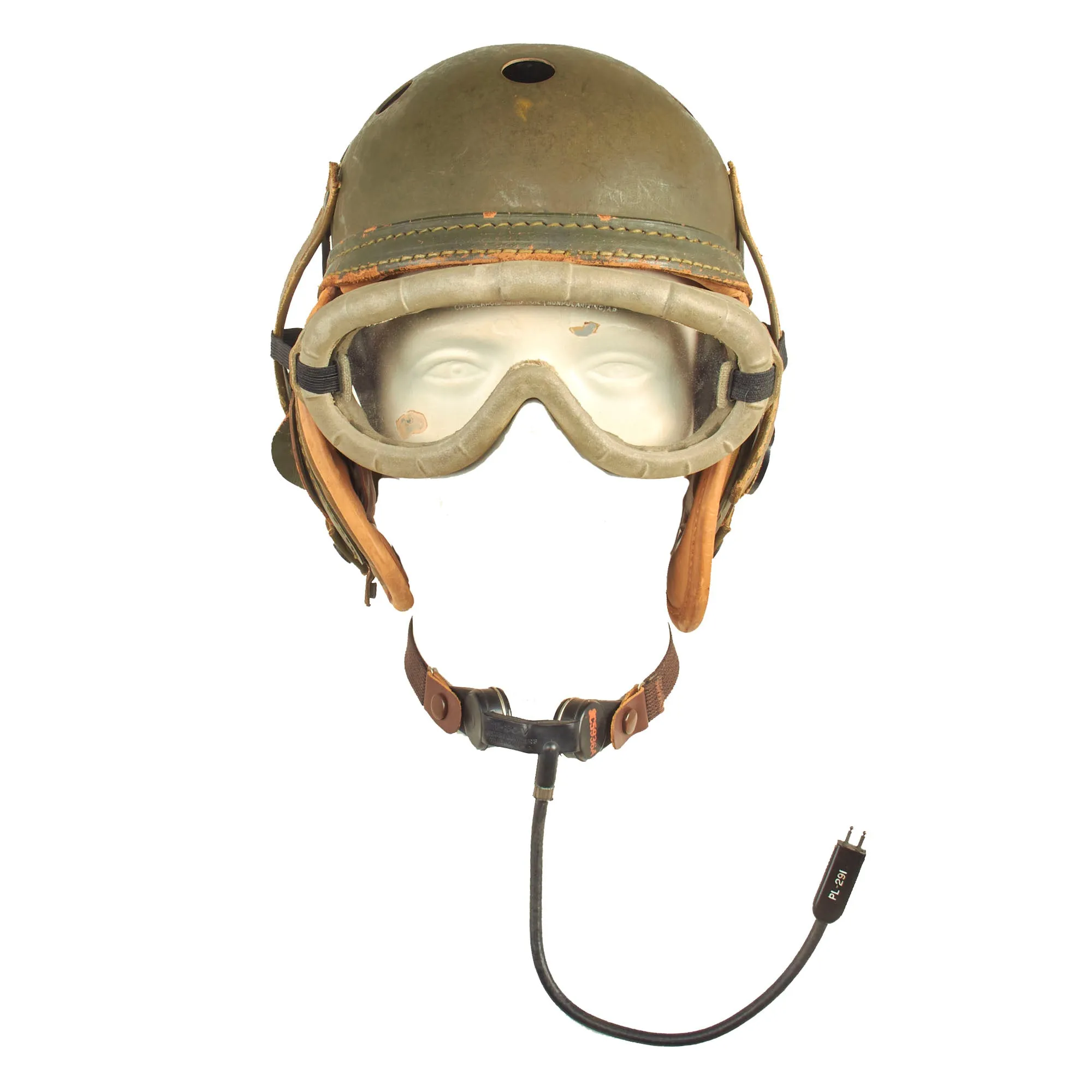 Original U.S. WWII M38 Tanker Helmet by Wilson with Earphones, Throat Mic  and Polaroid Model 1016 Goggles