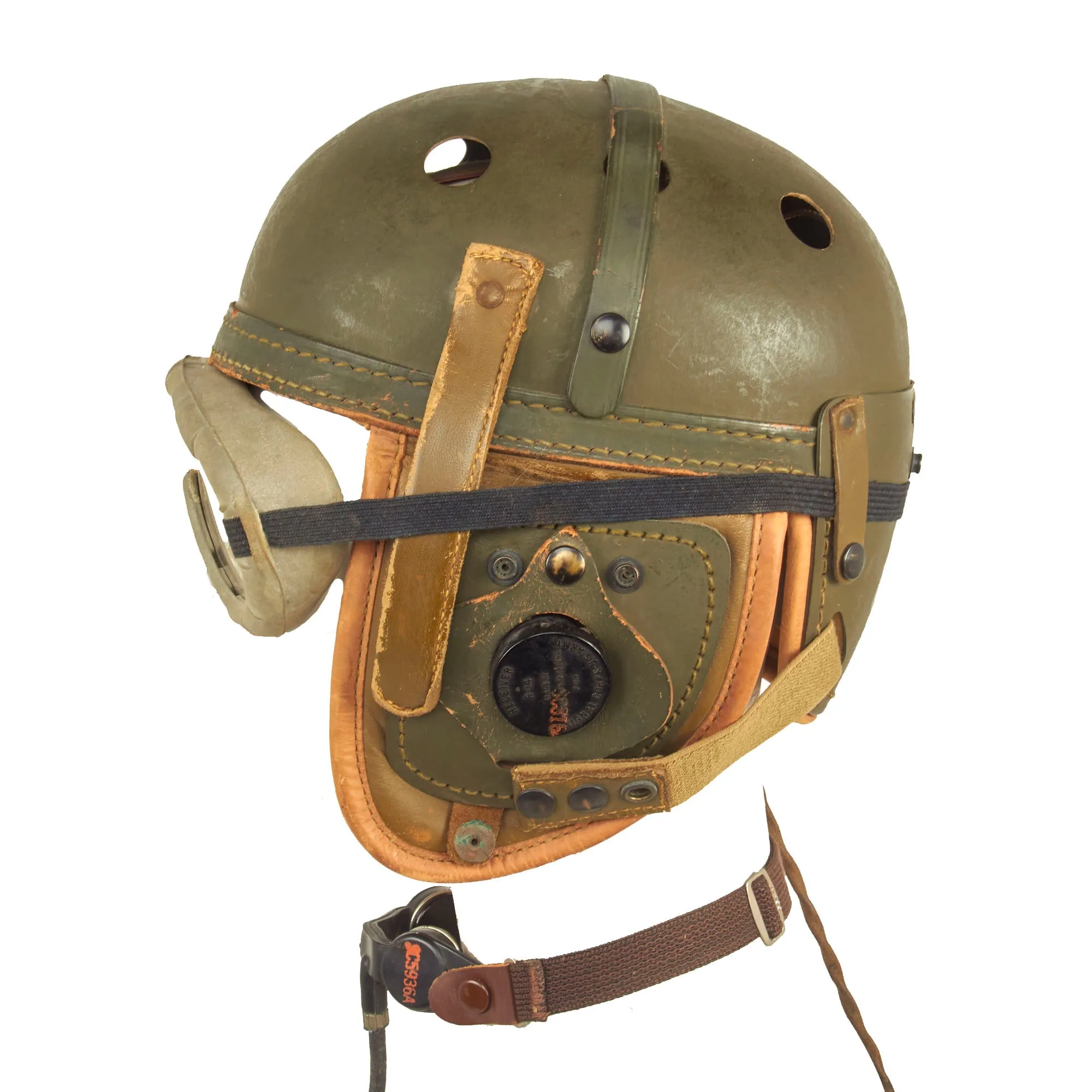 Original U.S. WWII M38 Tanker Helmet by Wilson with Earphones, Throat Mic  and Polaroid Model 1016 Goggles