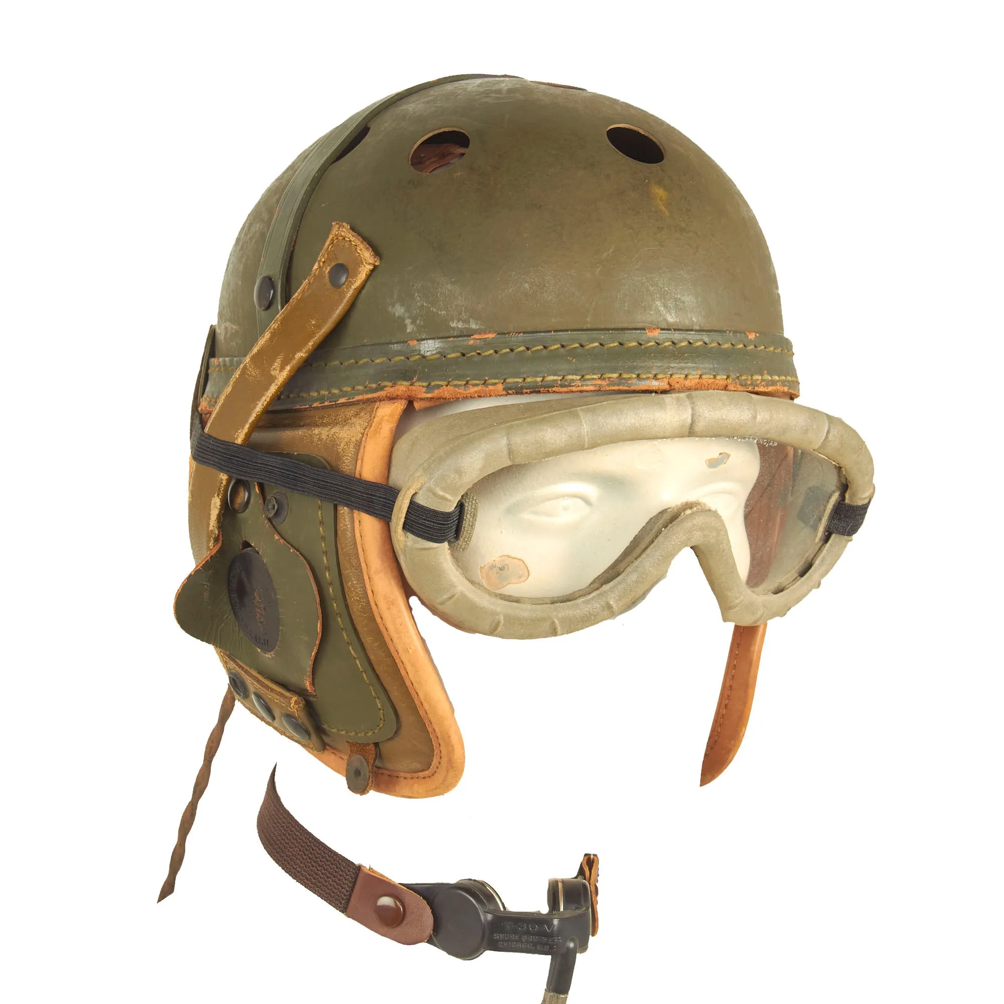 Original U.S. WWII M38 Tanker Helmet by Wilson with Earphones, Throat Mic  and Polaroid Model 1016 Goggles