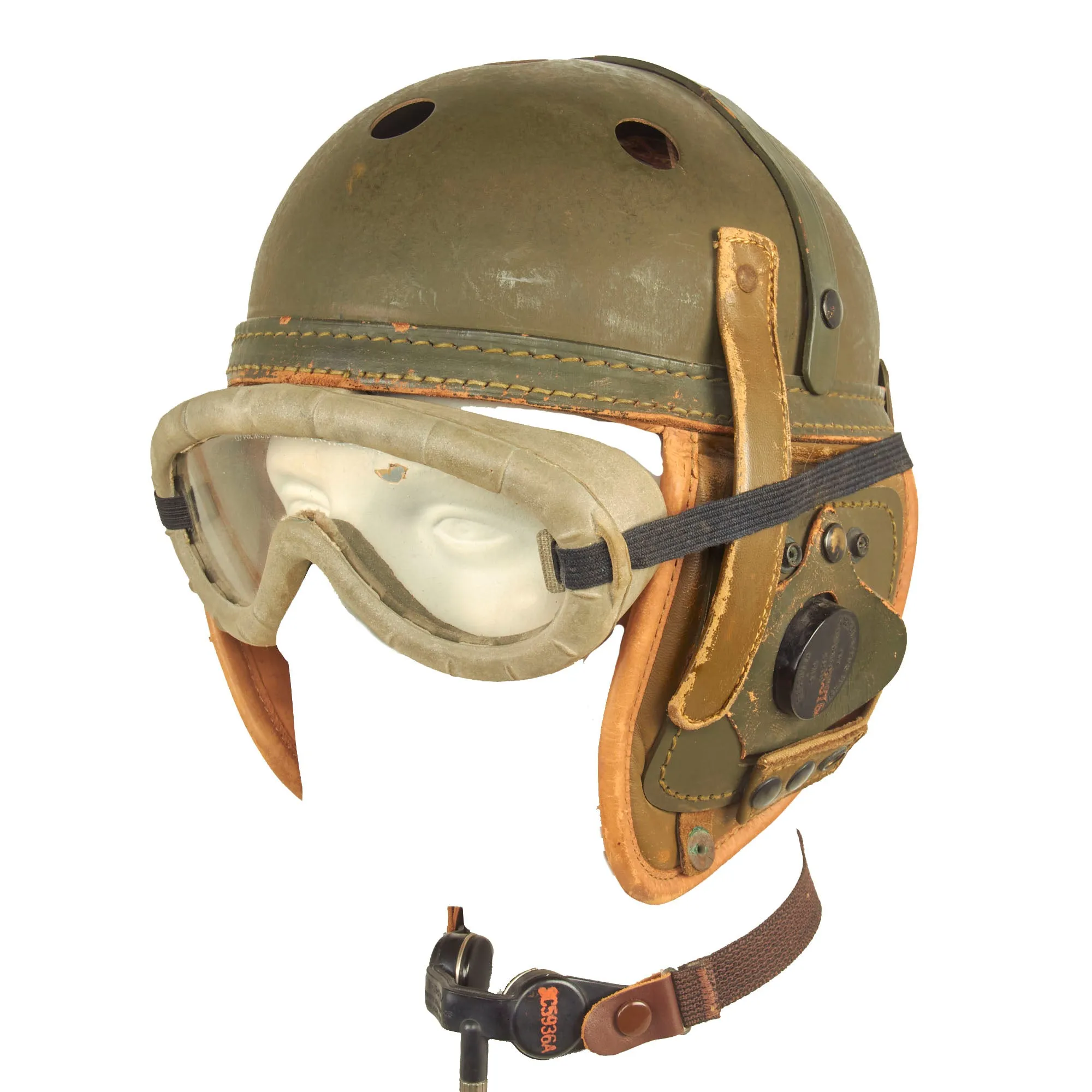 Original U.S. WWII M38 Tanker Helmet by Wilson with Earphones, Throat Mic  and Polaroid Model 1016 Goggles