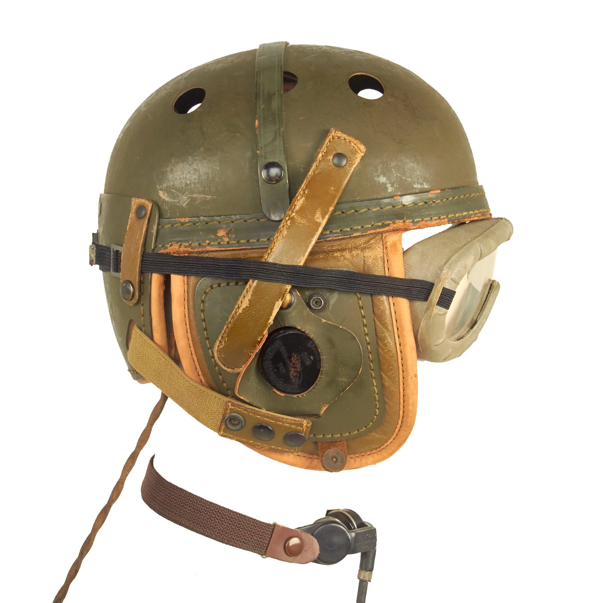 Original U.S. WWII M38 Tanker Helmet by Wilson with Earphones, Throat Mic  and Polaroid Model 1016 Goggles