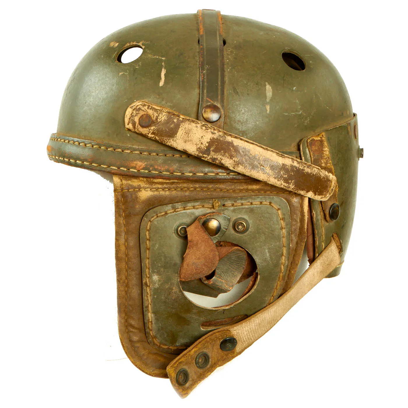 Original U.S. WWII Service Worn M38 Tanker Helmet by Sears Saddlery Co With T-30 Throat Microphone - Size 7 ⅜