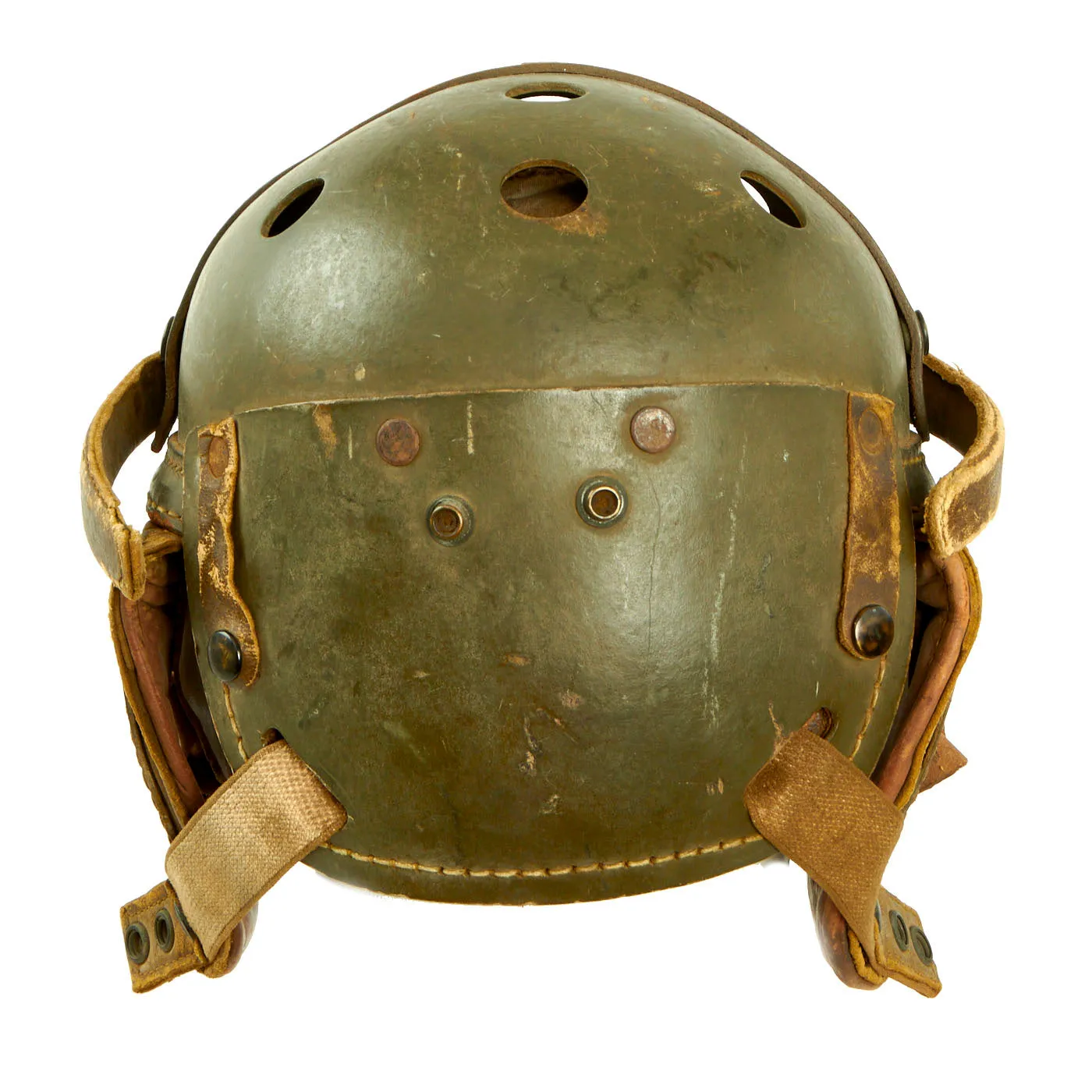 Original U.S. WWII Service Worn M38 Tanker Helmet by Sears Saddlery Co With T-30 Throat Microphone - Size 7 ⅜