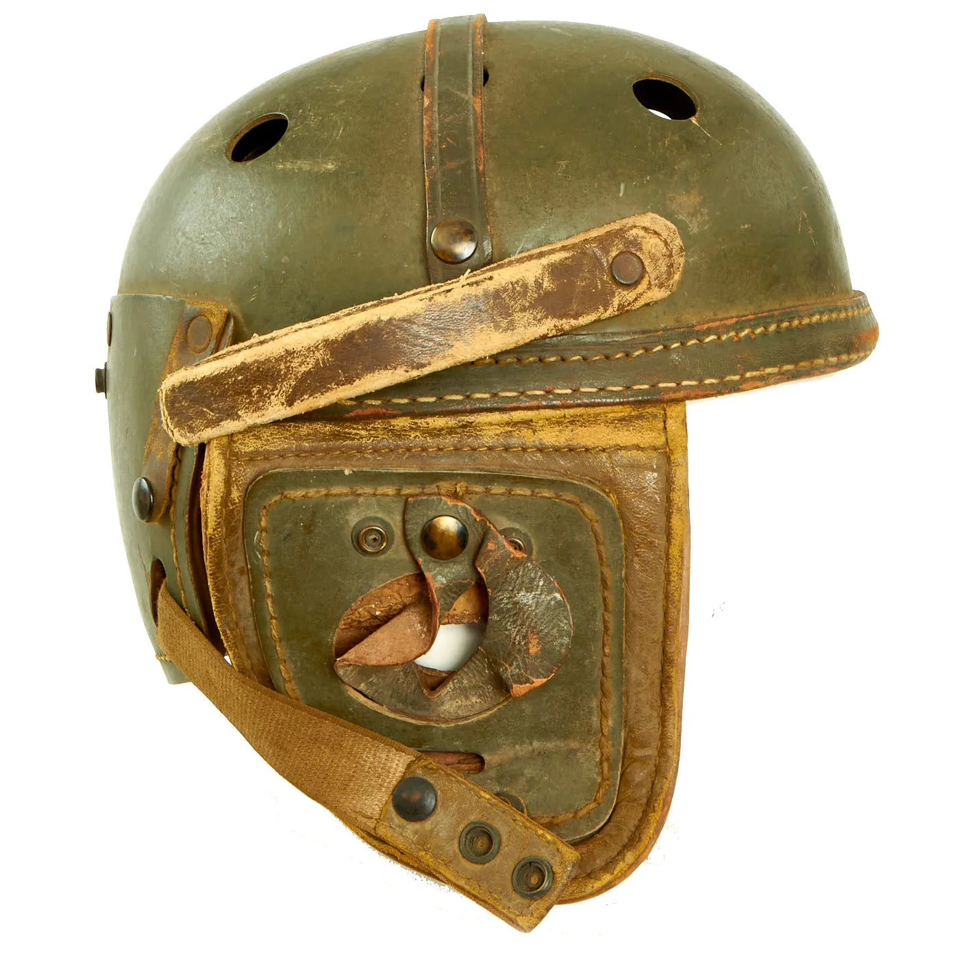 Original U.S. WWII Service Worn M38 Tanker Helmet by Sears Saddlery Co With T-30 Throat Microphone - Size 7 ⅜