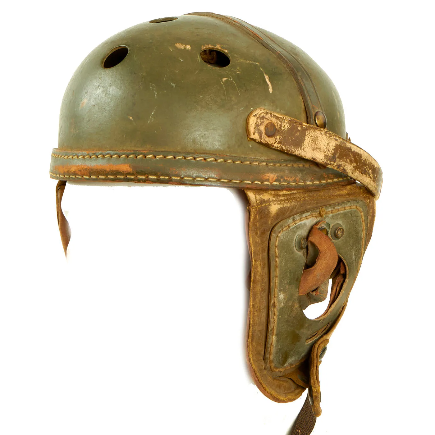 Original U.S. WWII Service Worn M38 Tanker Helmet by Sears Saddlery Co With T-30 Throat Microphone - Size 7 ⅜