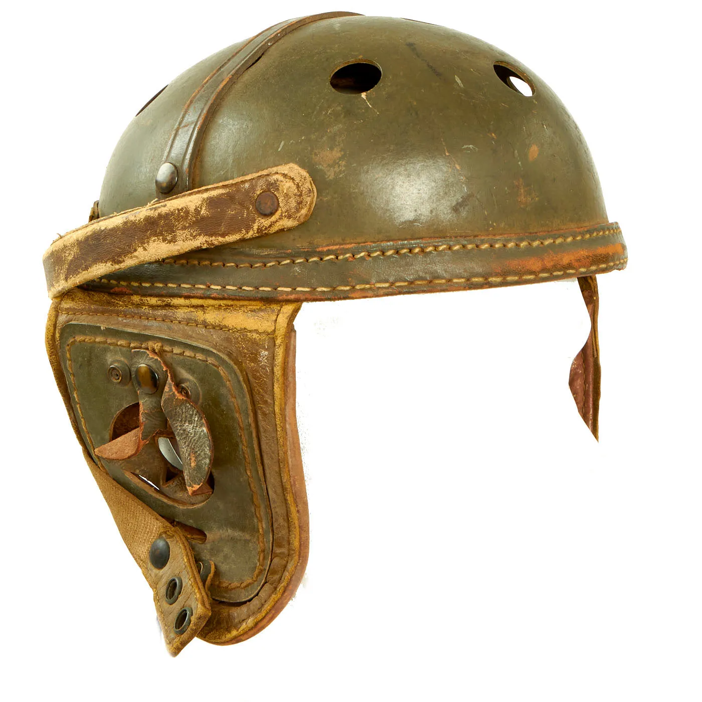 Original U.S. WWII Service Worn M38 Tanker Helmet by Sears Saddlery Co With T-30 Throat Microphone - Size 7 ⅜