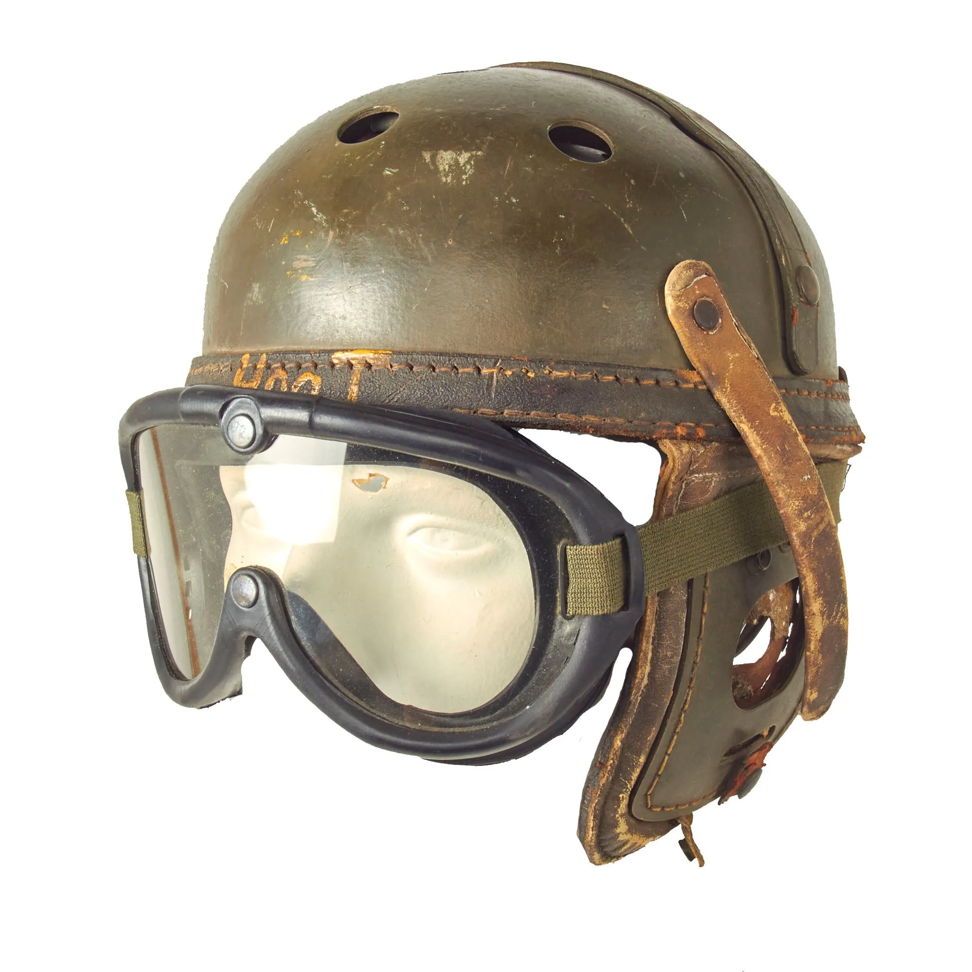 Original U.S. WWII Service Worn M38 Tanker Helmet with M1944 Goggles