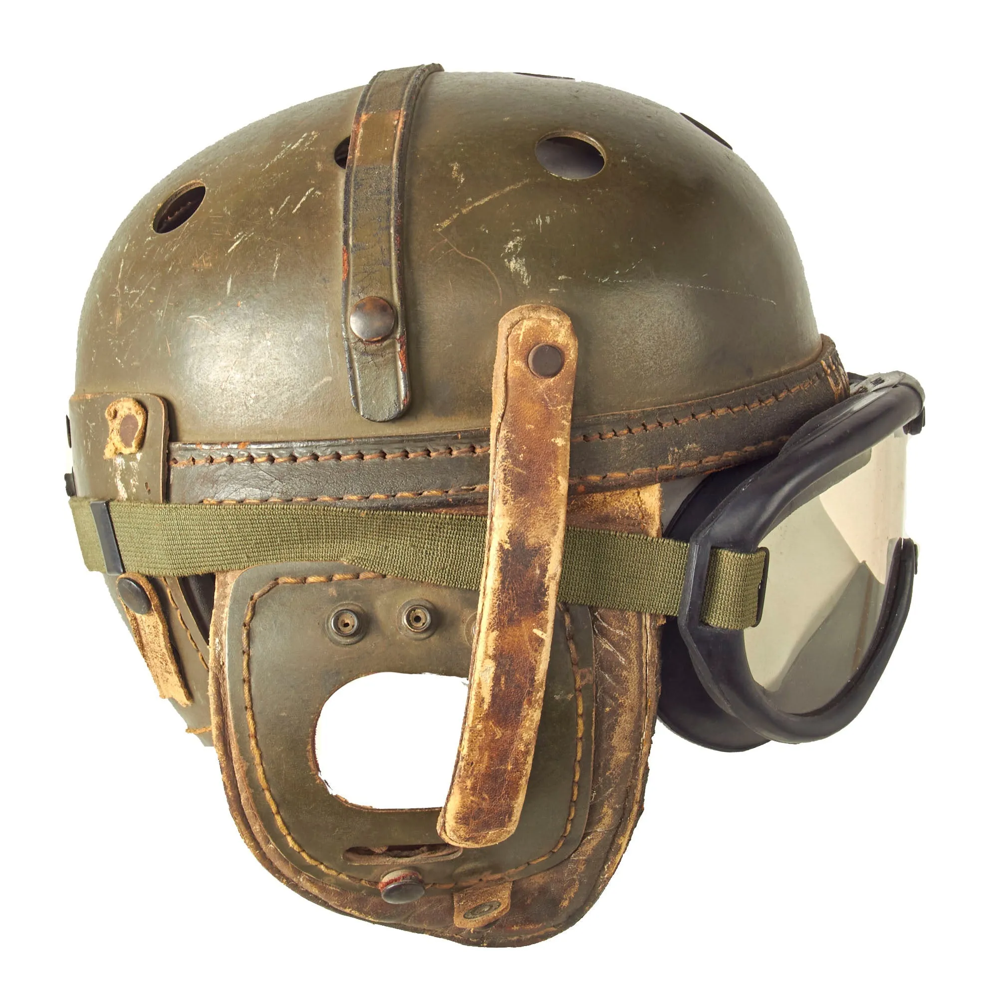 Original U.S. WWII Service Worn M38 Tanker Helmet with M1944 Goggles