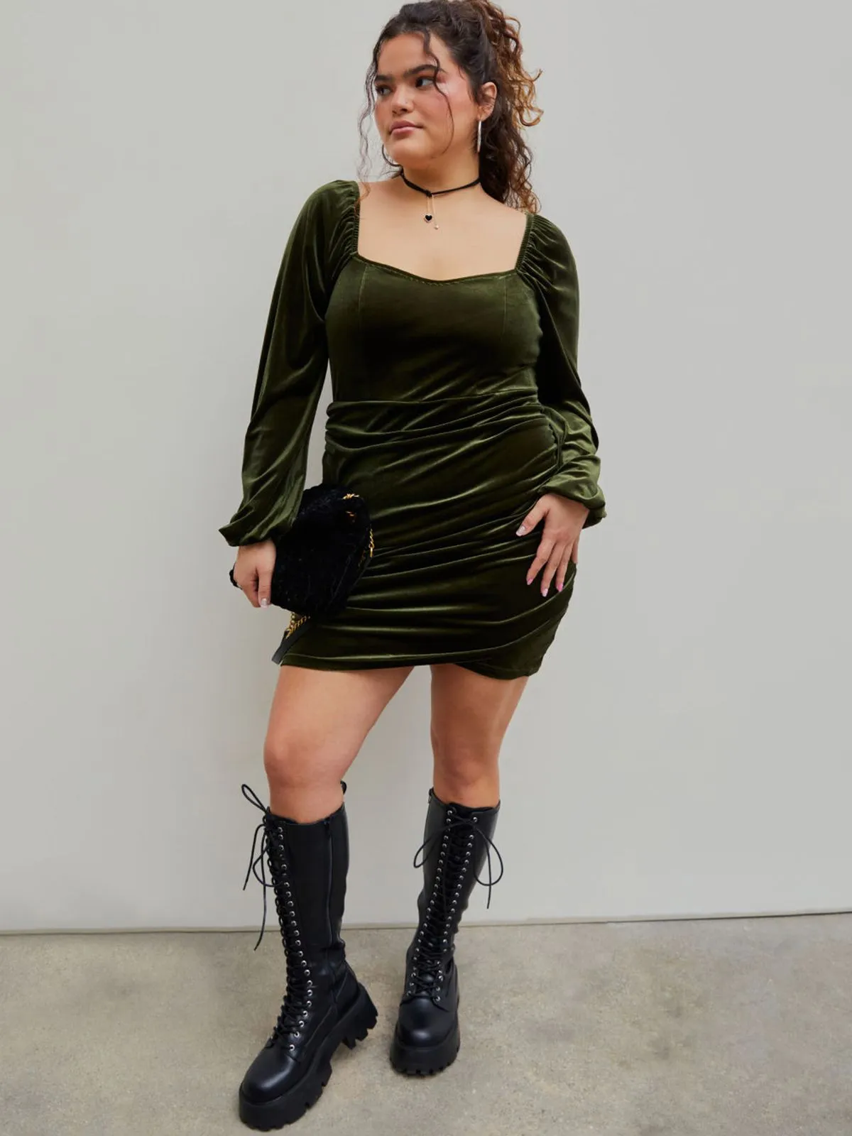 [Plus Size] Green 1960s Solid Sweetheart Wrap Dress