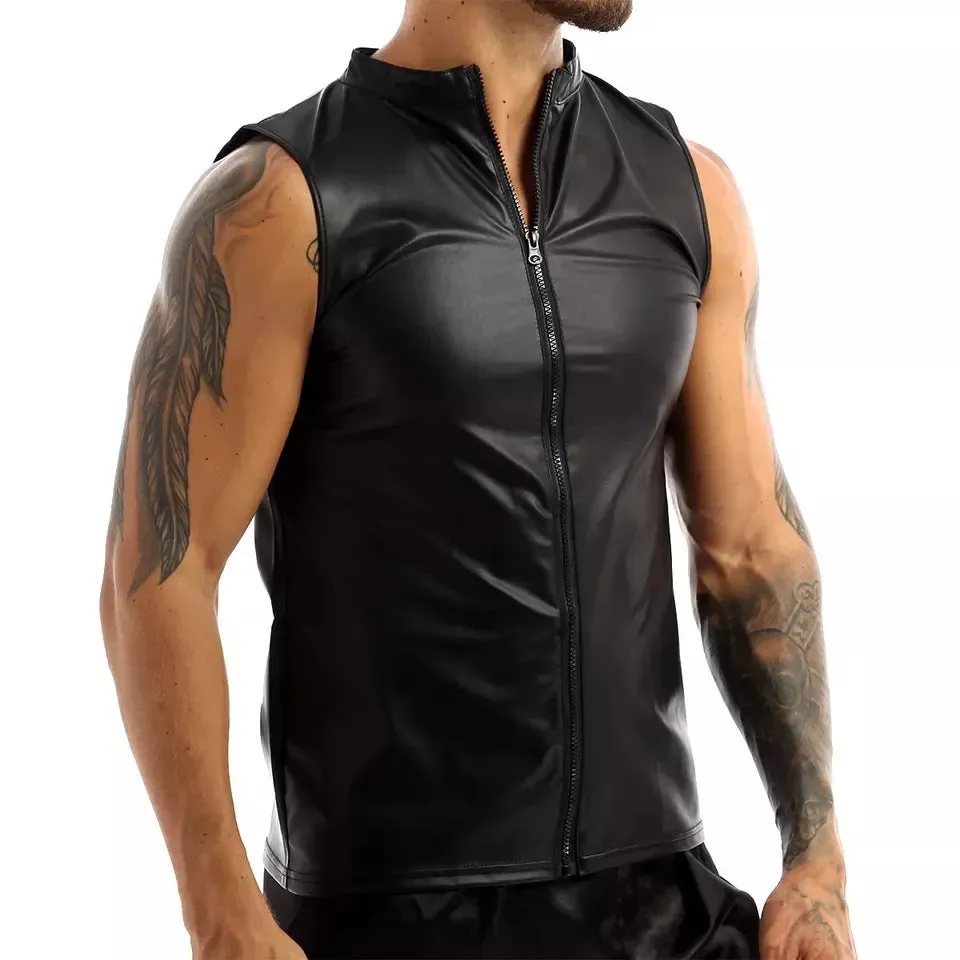 Plus Size Mens Soft PU Leather Sleeveless Shirt Erotic Shaping Sheath Stretch Tank Tops Male Shiny Leather Bodycon Sexi