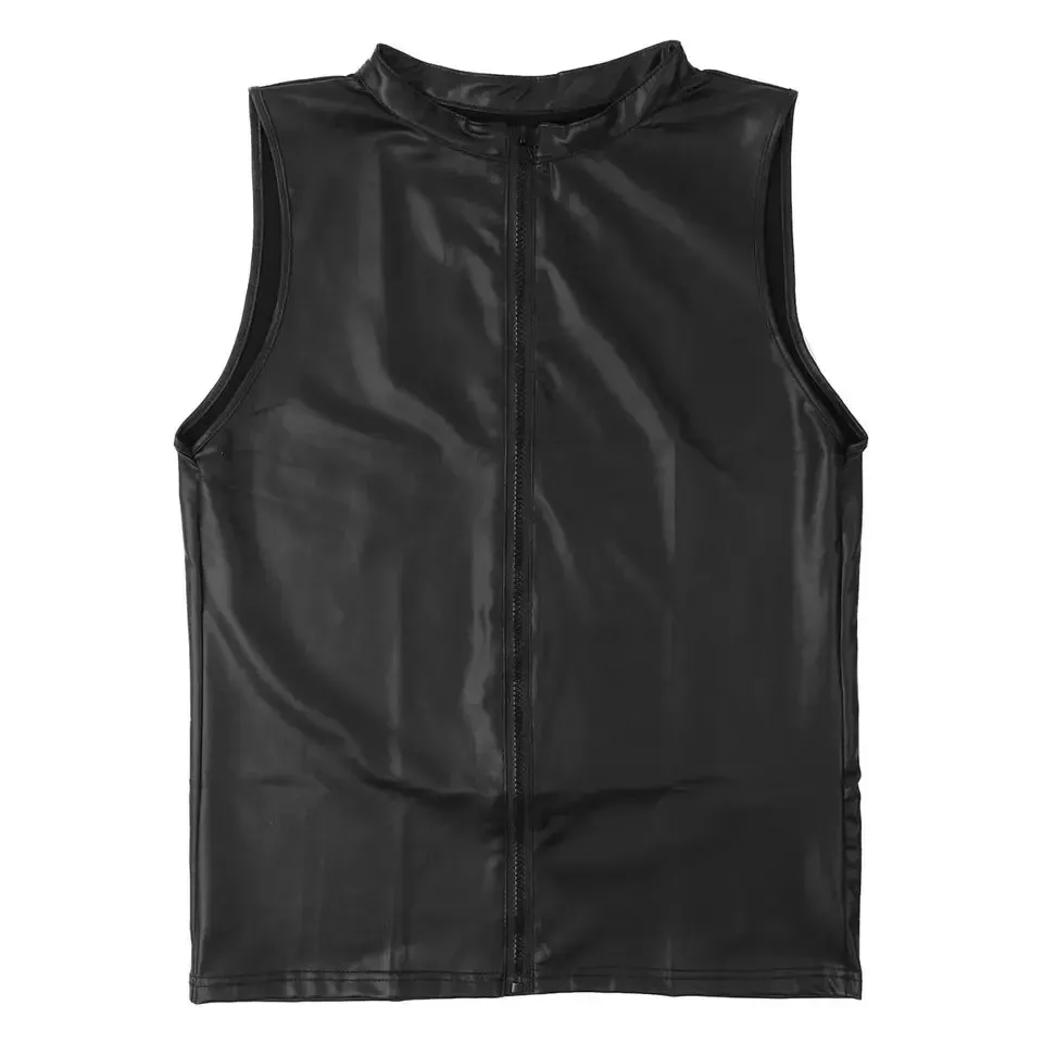 Plus Size Mens Soft PU Leather Sleeveless Shirt Erotic Shaping Sheath Stretch Tank Tops Male Shiny Leather Bodycon Sexi