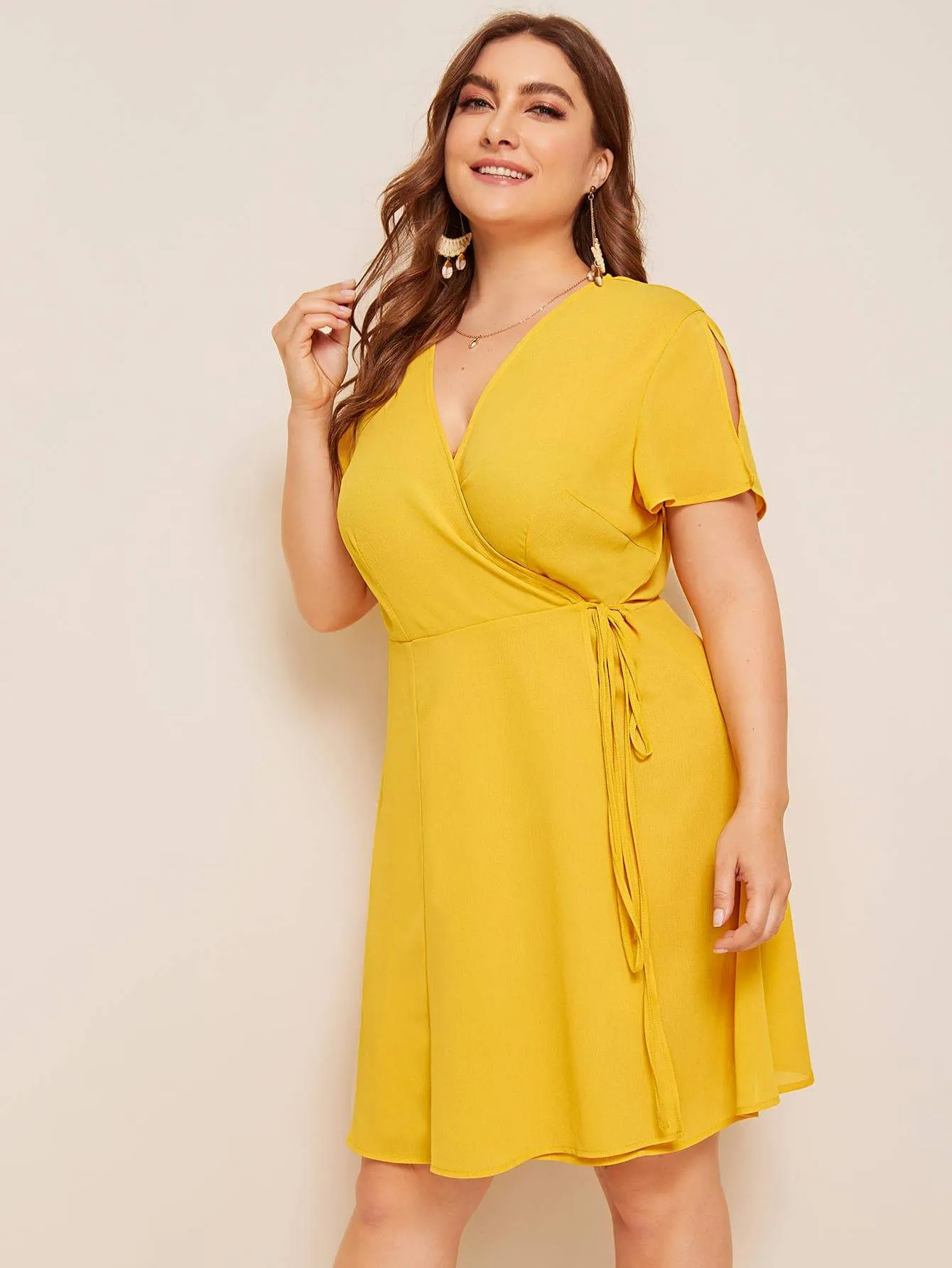 Plus Solid Slit Sleeve Tie Side Wrap Dress