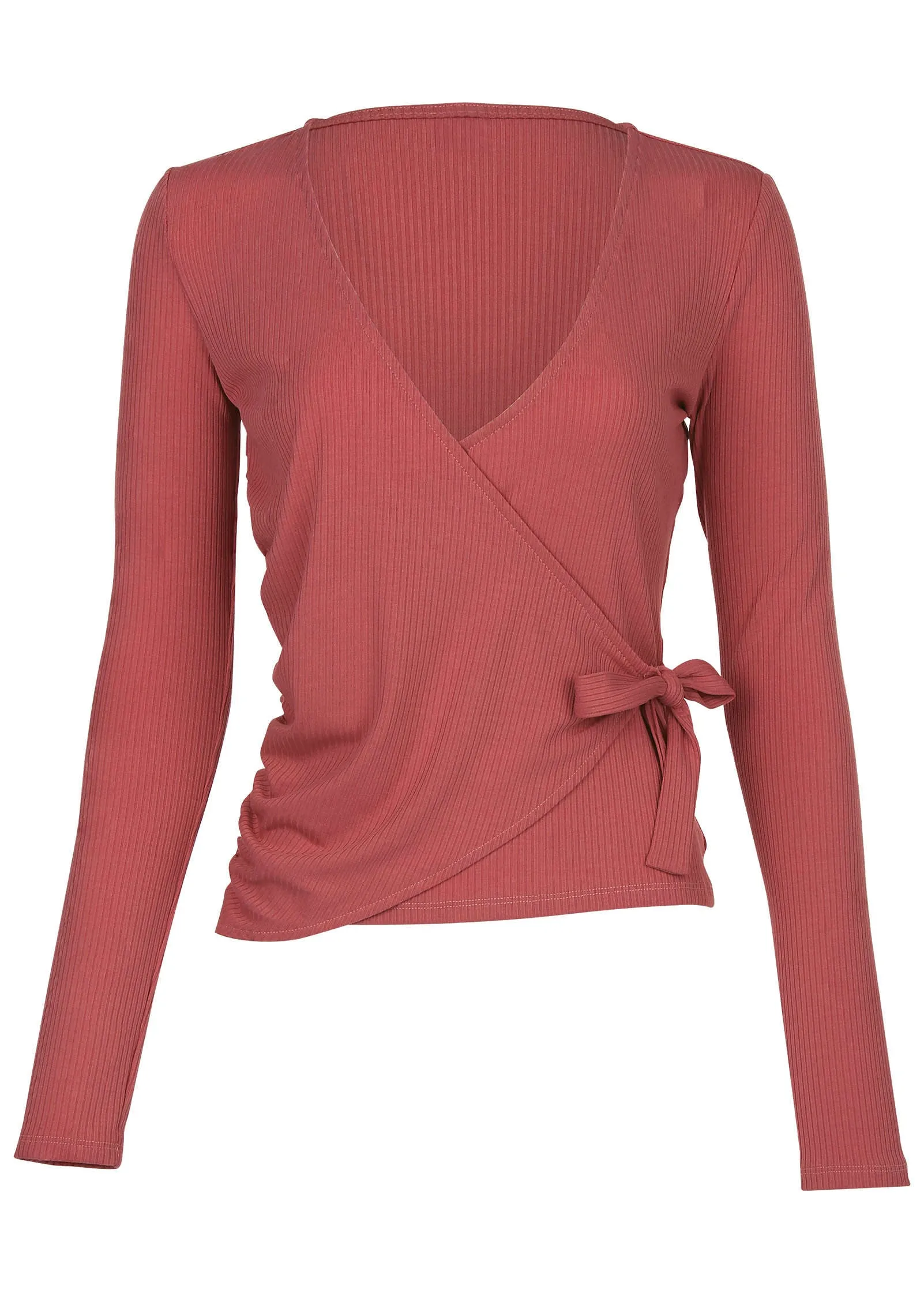 Ribbed Wrap Long Sleeve Top - Mineral Red