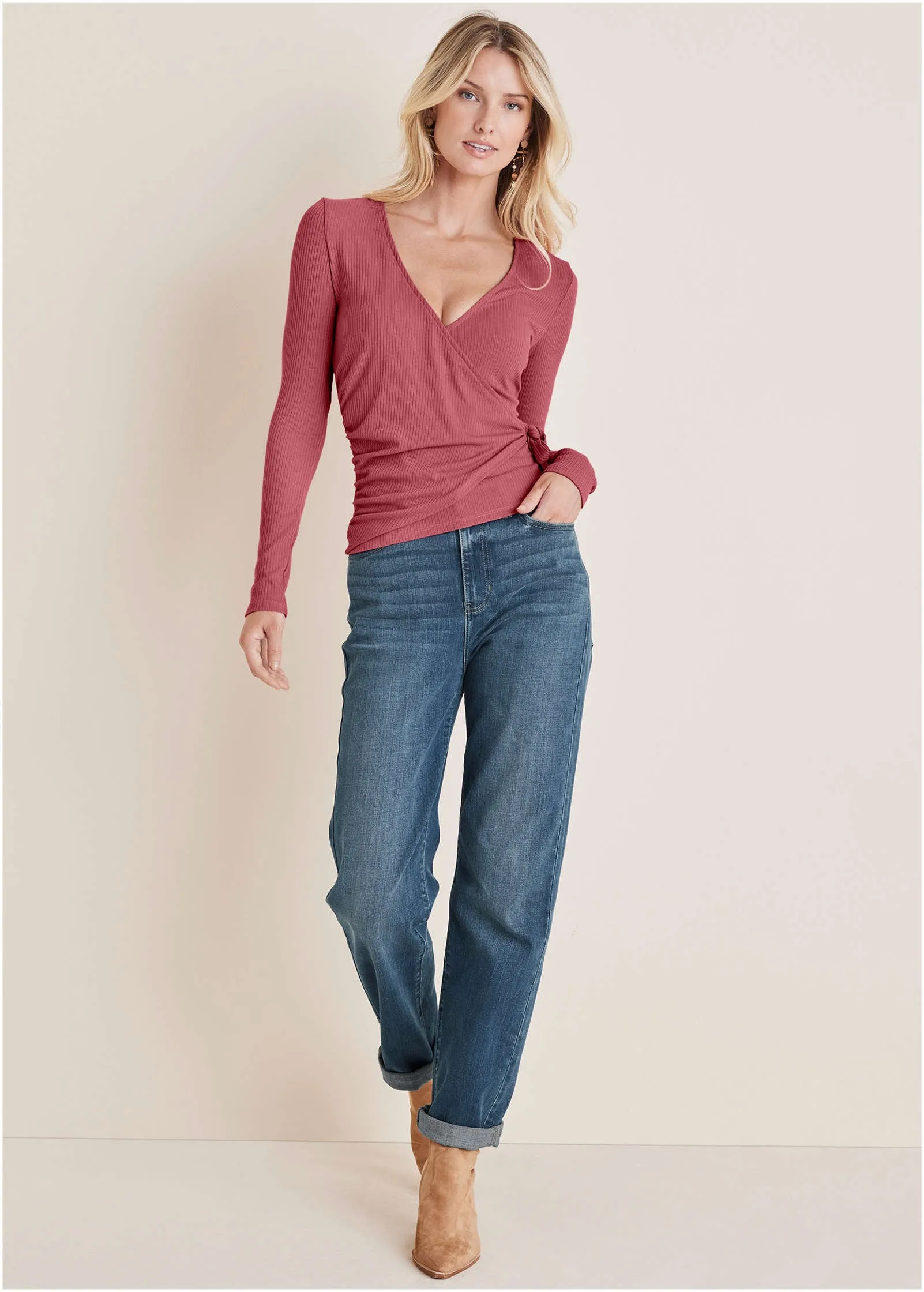 Ribbed Wrap Long Sleeve Top - Mineral Red