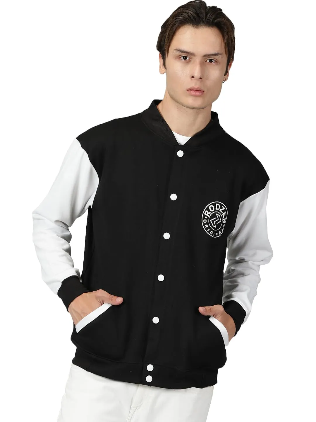 RodZen Men's Cotton Fleece Standard Length Varsity Regular Jacket (Large, Black)