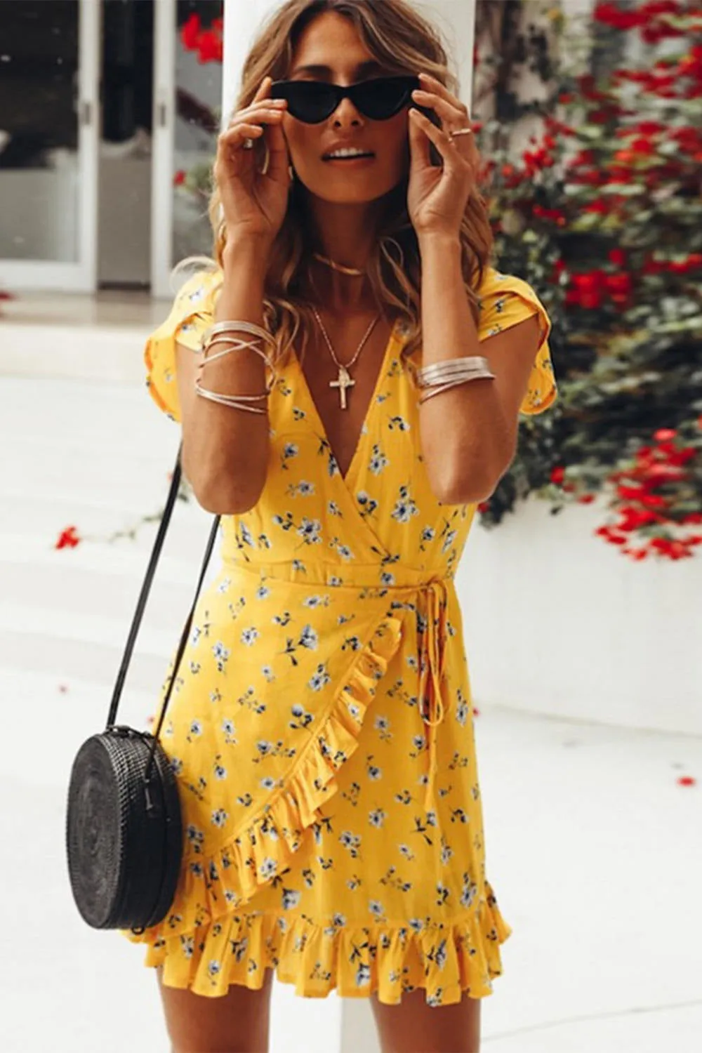 Ruffle Trim Floral Print Wrap Dress